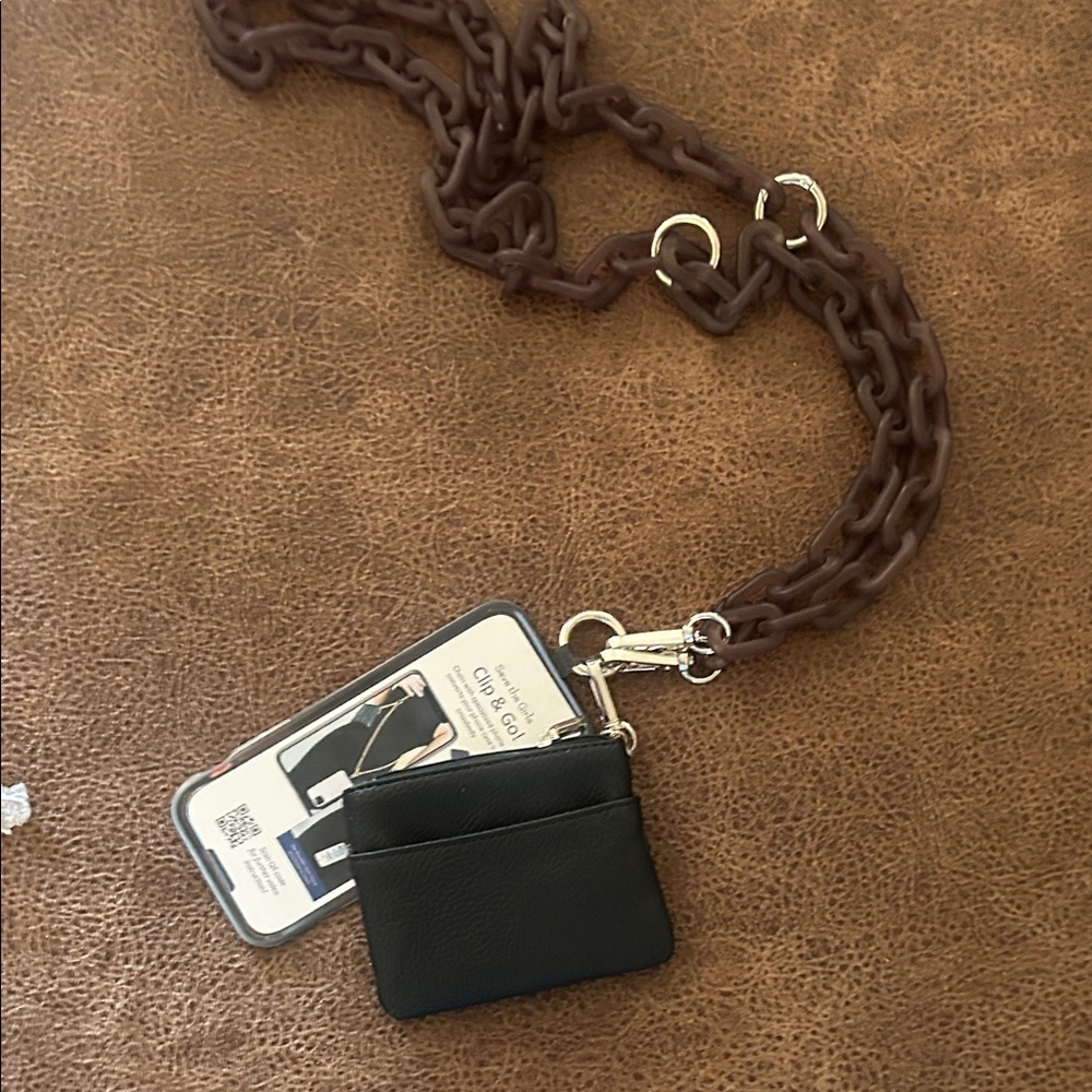 Black Leather Card Pouch Wristlet with Brown Chain Strap